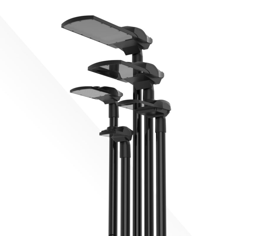 Group of five black street light fittings